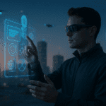 Hombre interactuando con una interfaz holográfica utilizando gafas inteligentes en una ciudad futurista al atardecer, con drones volando en el fondo marcando el comienzo de la era post pantallas