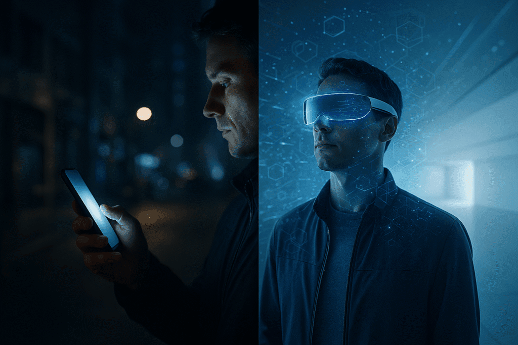 La Transformadora Era Post Pantallas ha Comenzado 2 Hombre observando un smartphone en la oscuridad y la misma persona con gafas inteligentes de realidad aumentada en un entorno digital, simbolizando la transición de las pantallas tradicionales hacia la era post pantallas ha comenzado