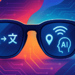 gafas inteligentes estilizadas con iconos de RA, traducción y AI sobre un fondo de circuito futurista.