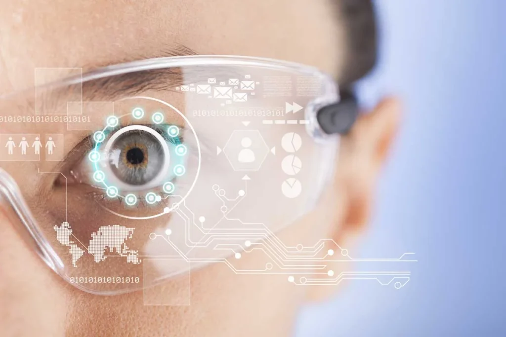 Historia Fascinante: Las 7 Etapas de Evolución de las Gafas Inteligentes 14 Imagen futurista de nuevas gafas inteligentes transparentes con muchos sensores y posibilidades