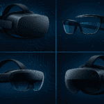 Collage técnico de dispositivos con gafas VR vs AR y MR en grid 2×2 sobre fondo de circuitos azule