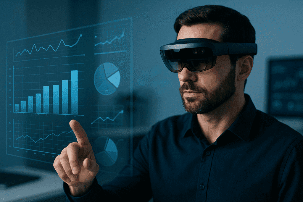 Gafas VR vs AR: Guía Avanzada de Realidad Extendida (VR, AR, MR y XR) 2 Hombre con gafas MR interactuando con hologramas de datos en entorno minimalista — parte de comparativa gafas VR vs AR