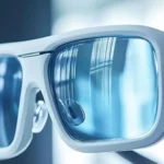 El modelo de Gafas inteligentes con IA 2025 de Xiaomi marco blanco lentes azulados con fondo desenfocado