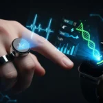 Anillo inteligente vs. smartwatch proyectando datos de salud en una imagen conceptual futurista.