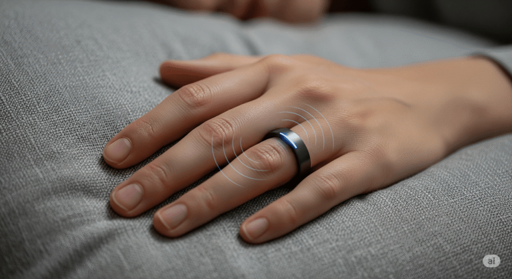 Anillo Inteligente vs. Smartwatch 3 Concepto de arte de un anillo inteligente monitoreando el sueño y la salud de una persona, alineado con la temática del post Anillo Inteligente vs. Smartwatch.